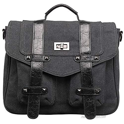 H2&B Genuine Leather with washing Canvas clothes Messenger Cross-body Bag Casual Vintage Satchel Shoulder Bag for School three way handbag(Black)