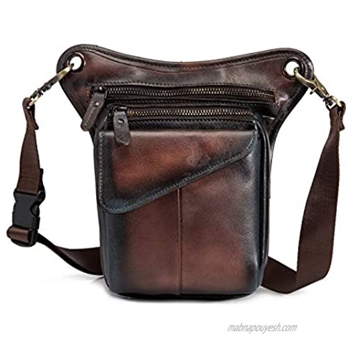 Le'aokuu Mens Genuine Leather Motorcycle Travel Waist Pack Messenger Drop Leg Bag (A-Dark Brown)