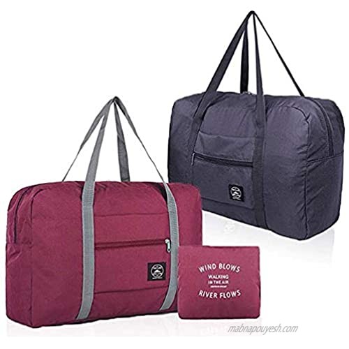 2 Pack Foldable Travel Bag Waterproof Travel Duffel Bag Women Ladies Man Canvas Weekender Bag Overnight Carry-on Tote Duffel in Trolley Handle (Black&Rred)…