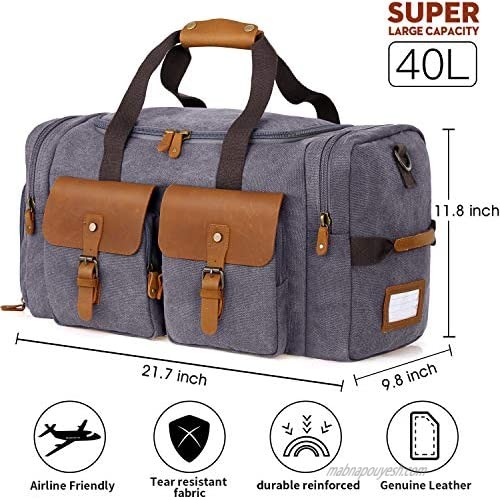 Flipzon Duffle Bag for Men Women Canvas Genuine Leather Large Duffel Bag Overnight Weekender Bag with Waterproof Shoe Compartment and Shoulder Strap with Pad Gym Bag Travel Luggage Bag with Tag(Grey)
