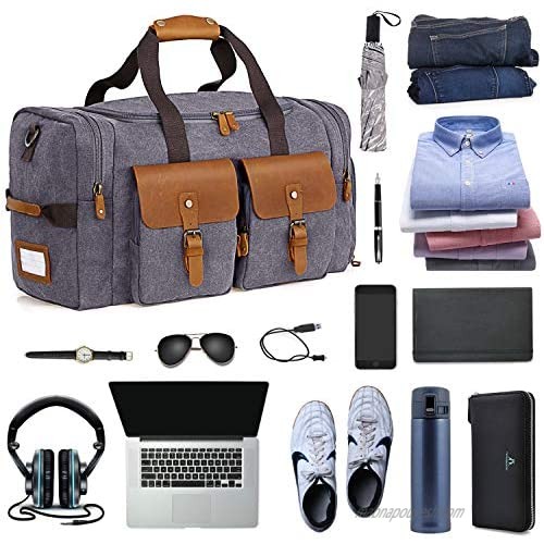 Flipzon Duffle Bag for Men Women Canvas Genuine Leather Large Duffel Bag Overnight Weekender Bag with Waterproof Shoe Compartment and Shoulder Strap with Pad Gym Bag Travel Luggage Bag with Tag(Grey)