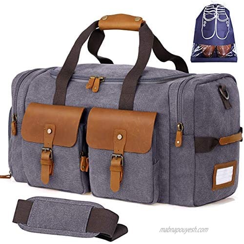 Flipzon Duffle Bag for Men Women Canvas Genuine Leather Large Duffel Bag Overnight Weekender Bag with Waterproof Shoe Compartment and Shoulder Strap with Pad  Gym Bag Travel Luggage Bag with Tag(Grey)