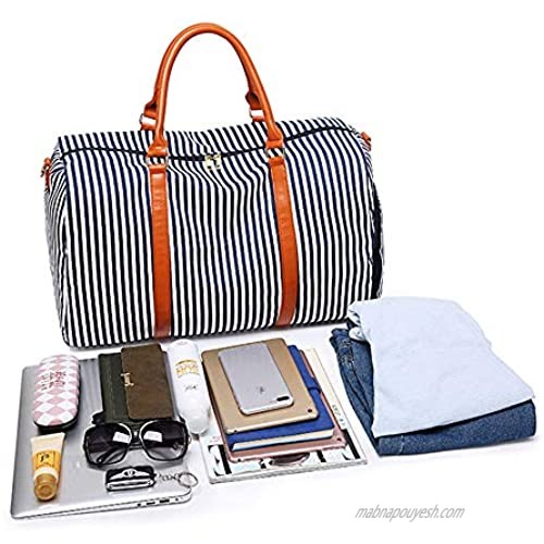 Ladies Women Canvas Travel Weekend Overnight Carry-on Shoulder Duffel Tote Bag With Shoe Compartment PU Leather Strap