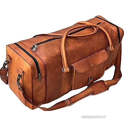 Leather Duffel Weekender Bags Inner Canvas Bag Overnight Travel Carry On Tote Bag Satchel with Adjustable Luggage Strap Sleeve (28)