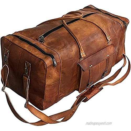 Leather Duffel Weekender Bags Inner Canvas Bag Overnight Travel Carry On Tote Bag Satchel with Adjustable Luggage Strap Sleeve (28")