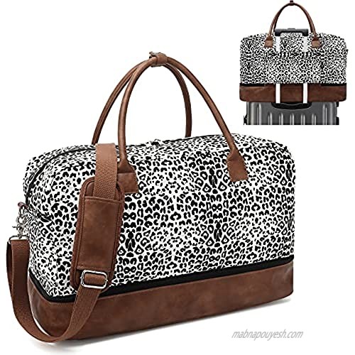 Peicees Weekender Bag Travel Duffle/Duffel Bag for Men Women Overnight Carry-On Canvas Tote Bags with Shoes Compartment & Leather Strap