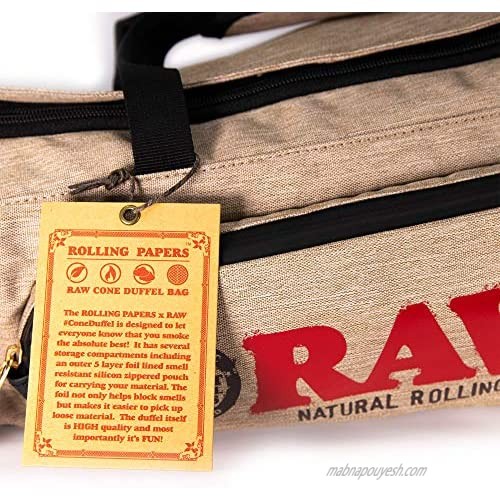 RAW Cone Duffelbag - Multiple Compartments - 5 Layer Foil Lined Smell Resistant Silicon Zippered Pouch - 22'' x 9'' x 9''