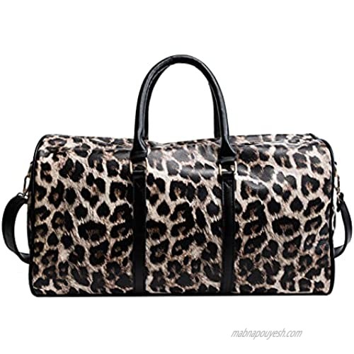 Travel Bag for Man Women Girls Leopard Leather Weekender Cheetah Animal Print Duffle Overnight Tote Shoulder Bags 22L (Leopard Brown)