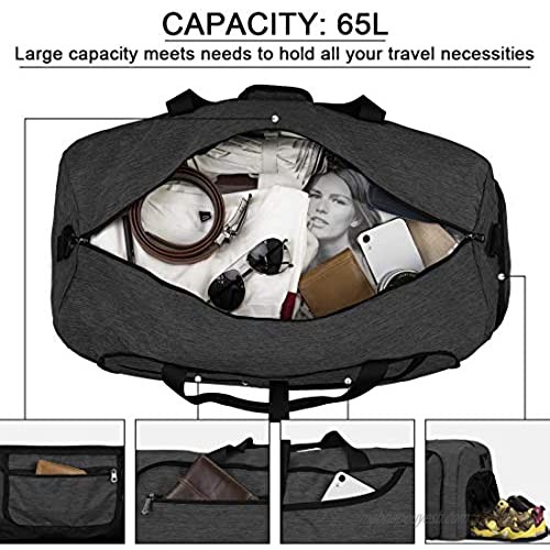Travel Duffel Bag 65L Foldable Weekender Overnight Bags for Men Women Waterproof Sports Gym Bag with Shoes Compartment Holdall Weekend Bag Black