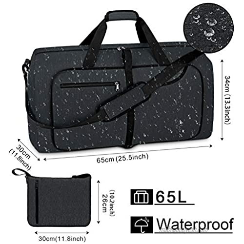 Travel Duffel Bag 65L Foldable Weekender Overnight Bags for Men Women Waterproof Sports Gym Bag with Shoes Compartment Holdall Weekend Bag Black