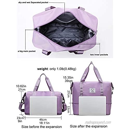 Travel Duffle Bag Expandable Weekender Overnight Bag with Dry and Wet Separated Pocket Sports Bag Gym Tote Bag Shoulder Bag Water Resistant (Purple)