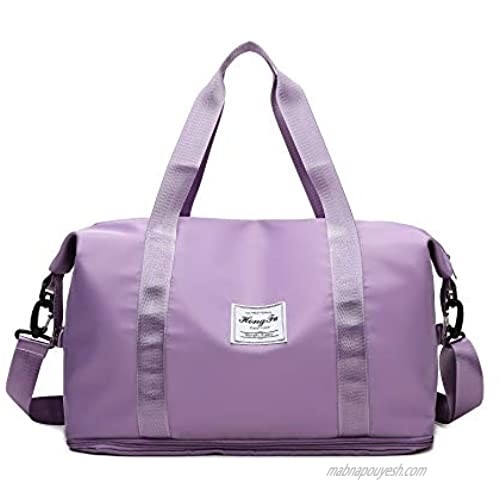 Travel Duffle Bag Expandable Weekender Overnight Bag with Dry and Wet Separated Pocket Sports Bag Gym Tote Bag Shoulder Bag Water Resistant (Purple)