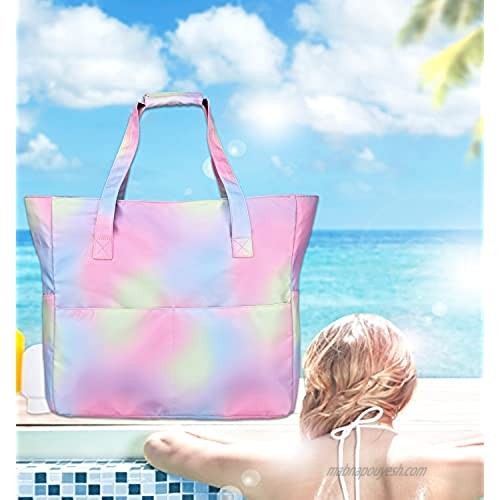 Women Large Travel Tote Gym Sport Duffel Weekender Overnight Carry On Shoulder Beach Tote Bag with Makeup Bag (Rainbow 1)
