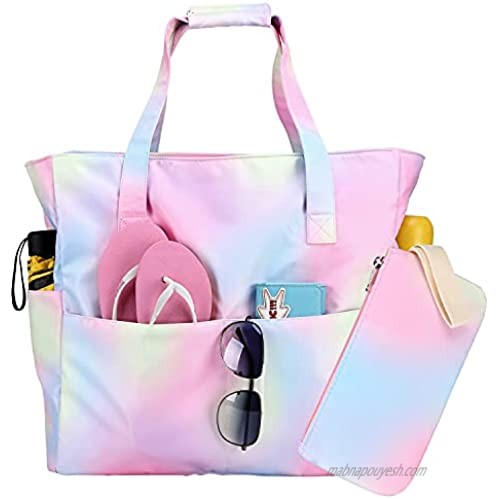 Women Large Travel Tote Gym Sport Duffel Weekender Overnight Carry On Shoulder Beach Tote Bag with Makeup Bag (Rainbow 1)