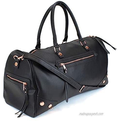 Women's Studded Large PU Leather Weekender Duffel Bag with Rose Gold Hardware and Satin Interior - Big 22 Size - Black