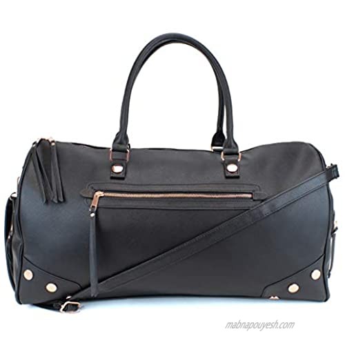 Women's Studded Large PU Leather Weekender Duffel Bag with Rose Gold Hardware and Satin Interior - Big 22" Size - Black