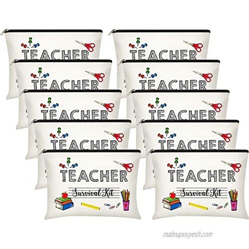 10 Pieces Teacher Survival Kit Makeup Bags Teacher Appreciation Gifts Teacher Cosmetic Pouch Pencil Bag Teacher Travel Toiletry Case with Zipper for Women Girl