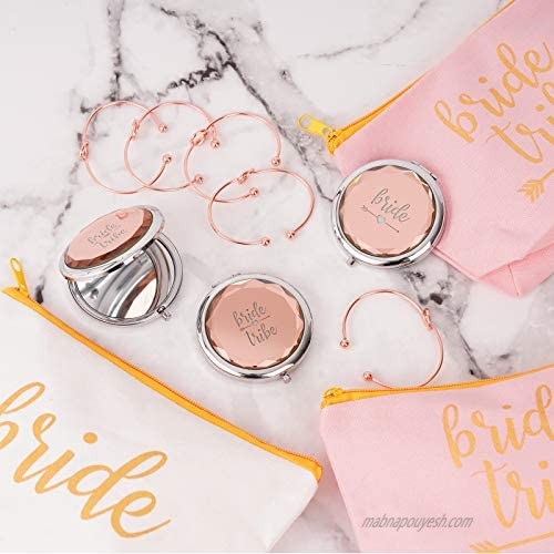 18 Pack Bridesmaids Proposal Gifts Set 6 Pack Bridemaid Canvas Cosmetic Makeup bags 6 Pack Compact Pocket Bride Makeup Mirrors 6 Pack Bridemaid Love Knot Bracelets for Bridal Shower Hen Party Gifts