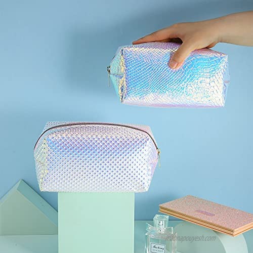 2 Pieces Holographic Makeup Bag Iridescent Mermaid Cosmetic Bag Toiletry Travel Pouch Organizer Portable Waterproof Toiletries Bag Cases Cosmetic Zipper Pouches for Women Girls