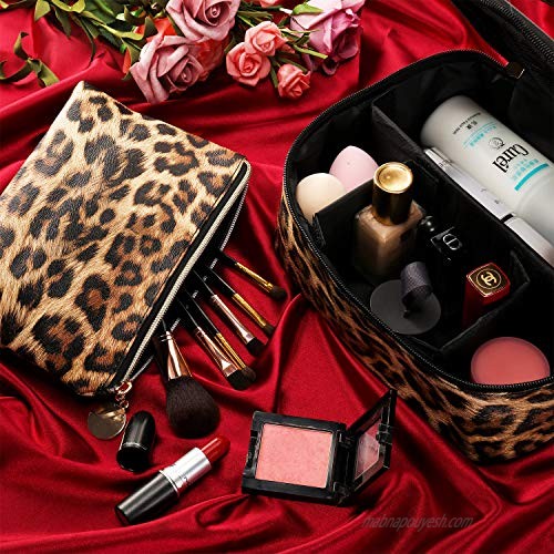 2 Pieces Leopard Print Cosmetic Bag Cheetah Makeup Bag Leopard Brush bag Toiletry Travel Bag Portable Pouch Bag with Zipper for Women Girls