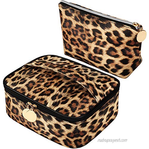 2 Pieces Leopard Print Cosmetic Bag Cheetah Makeup Bag Leopard Brush bag Toiletry Travel Bag Portable Pouch Bag with Zipper for Women Girls