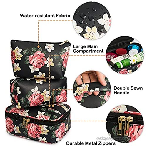 3 PCS Makeup Bags Tie Dye Travel Cosmetic Pouch Water-resistant Organizer Portable Storage Bag Cute Toiletry Bags for Women and Girls (Black peony M)