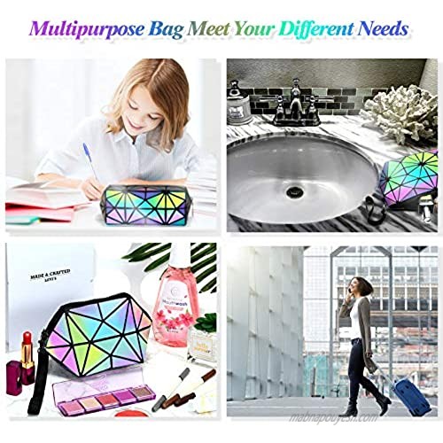 3 Pieces Makeup Bags for Women Portable Travel Cosmetic Bag Organizer Case with Wrist Strap Toiletry Bags Holographic Luminous Geometric and Reflective Foldable Makeup Bags