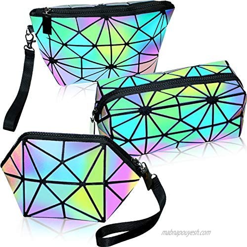 3 Pieces Makeup Bags for Women  Portable Travel Cosmetic Bag Organizer Case with Wrist Strap Toiletry Bags Holographic Luminous Geometric and Reflective Foldable Makeup Bags