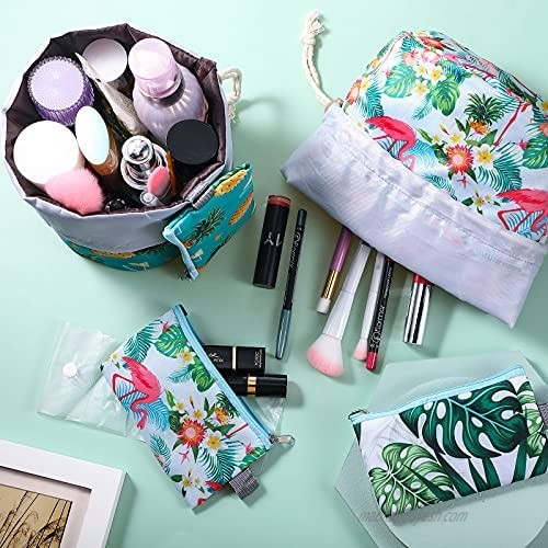3 Sets Barrel Storage Bag Makeup Bag Tropical Summer Foldable Portable Drawstring Travel Cosmetic Bags Waterproof Barrel Makeup Bag for Women Girl