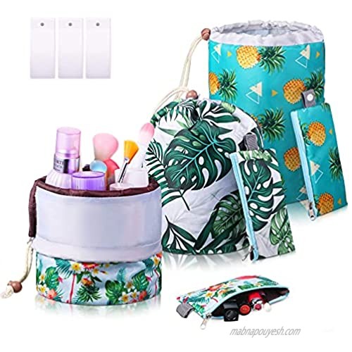 3 Sets Barrel Storage Bag Makeup Bag Tropical Summer Foldable Portable Drawstring Travel Cosmetic Bags Waterproof Barrel Makeup Bag for Women Girl
