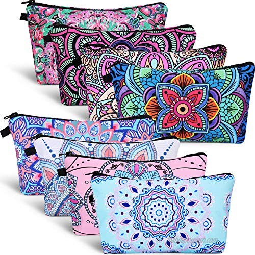 8 Pieces Cosmetic Bag Makeup Bag Waterproof Travel Toiletry Pouch Bag with Mandala Flowers Design  8 Styles (Round Mandala Flowers)