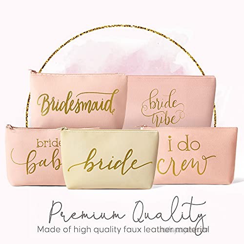 Bridal Party + Bride Makeup Bags – Leather Cosmetic Bags for Bachelorette Parties Weddings Bridal Showers (11 Piece Set Pink Blush - Bride's Babes)