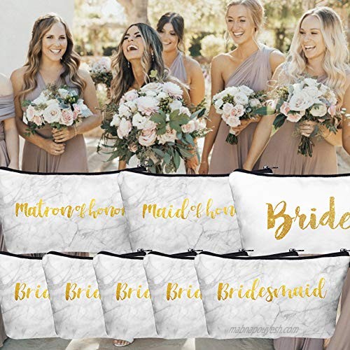 Bridesmaid Proposal Gifts 8 Pack - Bridal Party Makeup Bags Marbling 1 Bride Bag 1 Maid of Honor Bag 1 Matron of Honor Bag and 5 Bridesmaid Bags Wedding Bachelorette Gift
