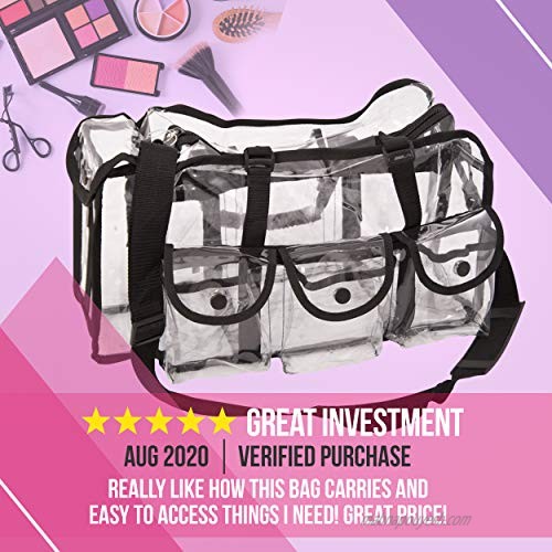 Casemetic Clear Tote Travel Bag with 6 External Pockets and Shoulder Strap for Makeup Artist Large