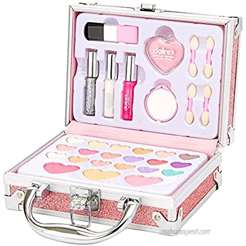 Claire’s Glitter Travel Case Makeup Set for Girls  Pink  Powder  Includes Eyeshadows  Lip Glosses and Applicators