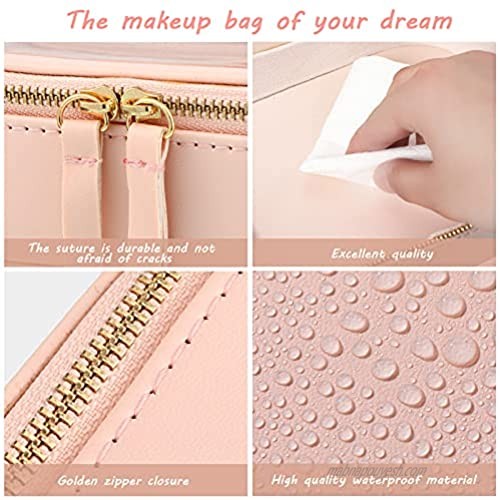 Clear Makeup Bag Large Cosmetic Bag PU Leather Cosmetic Organizer Portable Travel Toiletry Pouch Water-resistant Toiletry Cosmetic Case for Women Girls Toiletries Cosmetics (Pink)