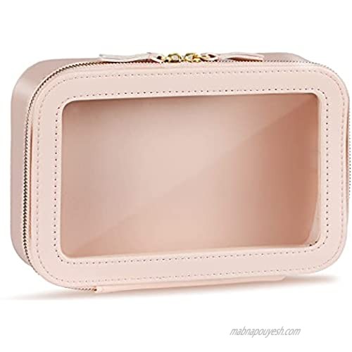Clear Makeup Bag Large Cosmetic Bag PU Leather Cosmetic Organizer Portable Travel Toiletry Pouch Water-resistant Toiletry Cosmetic Case for Women Girls Toiletries Cosmetics (Pink)