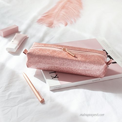 Comfyable Small Cosmetic Bag for Purse Pencil Case Rectangular Makeup Bag Waterproof Glitter Cute Toiletry Pouch Rose Gold Sparkly Shiny Pink