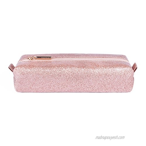 Comfyable Small Cosmetic Bag for Purse Pencil Case Rectangular Makeup Bag Waterproof Glitter Cute Toiletry Pouch Rose Gold Sparkly Shiny Pink