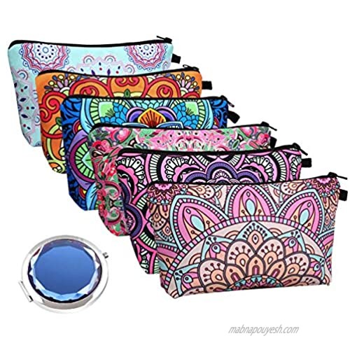 Cosmetic Bags for Women  6 Pieces Waterproof Makeup Pouches Cosmetic Bags Bulk with Mirror Set  Travel Toiletry Organizer with Zipper (Mandala Flower Design)