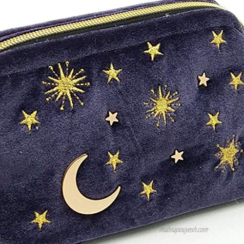 Handy cosmetic makeup bag Navy Velvet Embroidered Applique Moon Stars Sun Cosmetic Bag Starry Makeup Pouch with Tassels & Pearl Zipper Beautician Storage Bag Clutch Handbags Toiletry Wash Bag