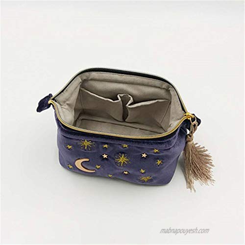 Handy cosmetic makeup bag Navy Velvet Embroidered Applique Moon Stars Sun Cosmetic Bag Starry Makeup Pouch with Tassels & Pearl Zipper Beautician Storage Bag Clutch Handbags Toiletry Wash Bag