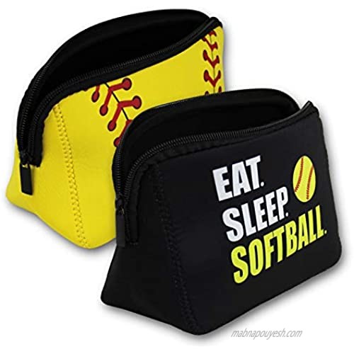 Knitpopshop Baseball Softball Make Up Bag Cosmetics Toiletries Neoprene washable zipper women girls mom gift team player (Softball Combo 2 Pack)