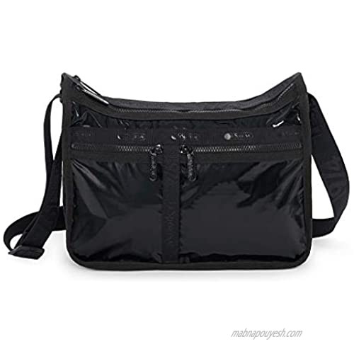 LeSportsac Noir Liquid Patent Deluxe Everyday Crossbody Bag + Cosmetic Bag  Style 7507/Color F587  Anniversary Collection  LeSportsac 1974' on Strap  Sleek Black Matte Specialty Patent