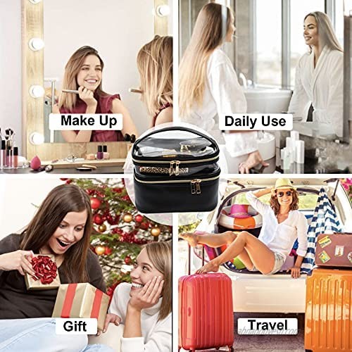 Makeup Bag Cosmetic Make Up Bag Travel Toiletry Case Large Makeup Organizer Womens Waterproof Portable Double Layer Bag For Women Girls Multifunction with Adjustable Dividers ( Black Clear)