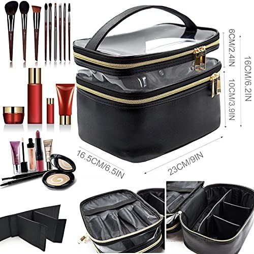 Makeup Bag Cosmetic Make Up Bag Travel Toiletry Case Large Makeup Organizer Womens Waterproof Portable Double Layer Bag For Women Girls Multifunction with Adjustable Dividers ( Black Clear)