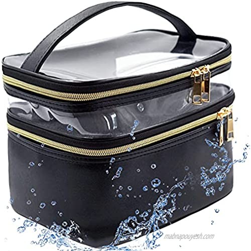 Makeup Bag  Cosmetic Make Up Bag  Travel Toiletry Case  Large Makeup Organizer Womens  Waterproof Portable Double Layer Bag For Women Girls  Multifunction with Adjustable Dividers ( Black  Clear)