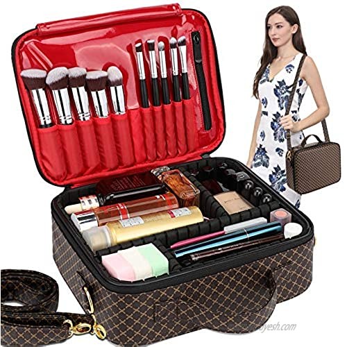 Makeup Bag Organizer Travel Case Cosmetic Large Make Up Bags Train Toiletry PU Leather Portable Waterproof With Adjustable Dividers for Women Girls (Brown) (L) (L)