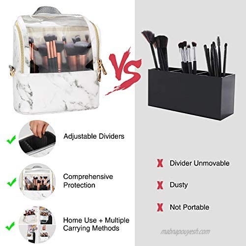 Makeup Brush Case Stand-up Makeup Cup Makeup Brush Holder Travel Professional Cosmetic Bag Artist Storage Bag with Shoulder Strap and Adjustable Divider (Marble)