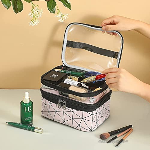 Meiyuuo Makeup Bag Travelling Double Layer Make Up Bag Organizer Medium Cosmetic Case for Women Girls Reusable Toiletry Bags(Pink)
